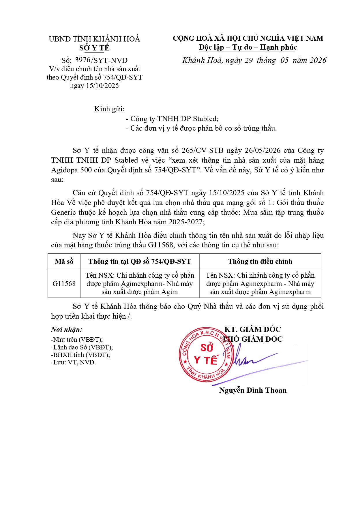 V/v điều chỉnh tên nhà sản xuất theo Quyết định số 754/QĐ-SYT ngày 15/10/2025